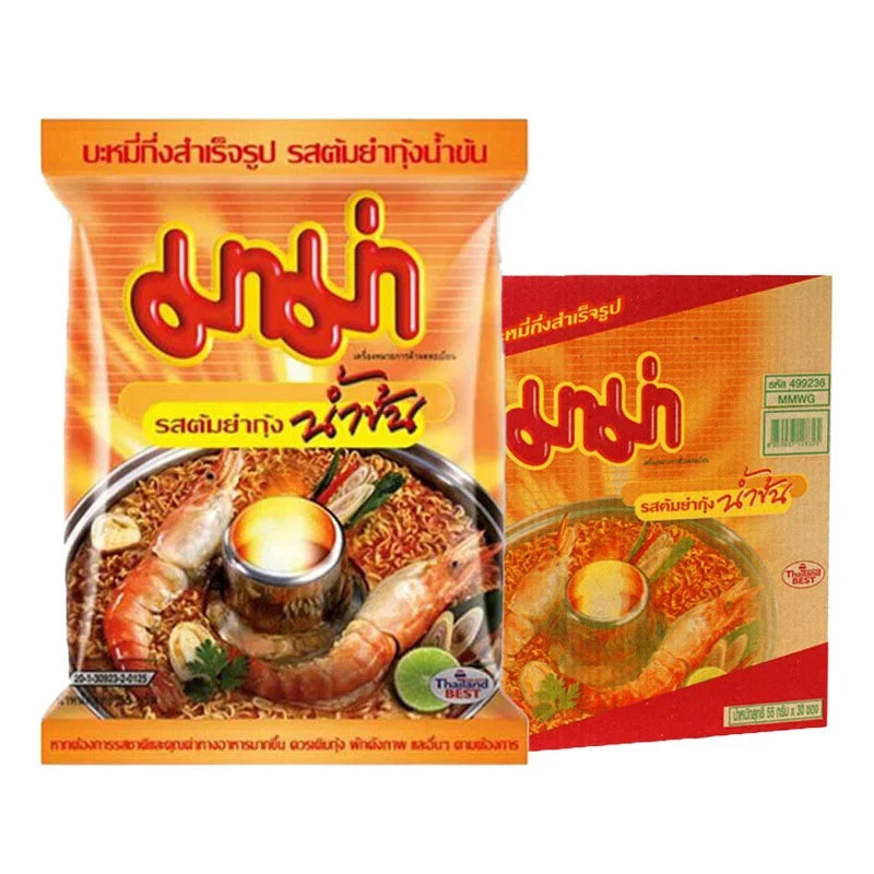 Pack of 30 Mama Instant Noodles Shrimp Creamy Tom Yum 55g, dry grocery product with shrimp and creamy tomato flavor.