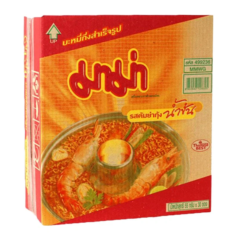Mama Instant Noodles Shrimp Creamy Tom Yum 55g pack, dry grocery, featuring spicy shrimp flavor noodles in creamy broth.