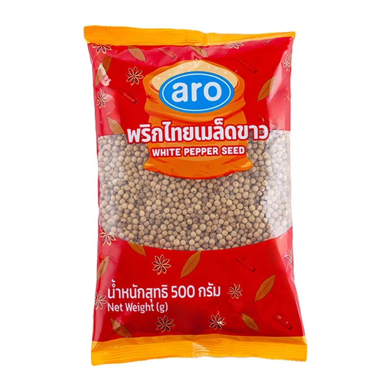ARO White Pepper Seeds 500g in a clear plastic bag, dry grocery product for culinary use.