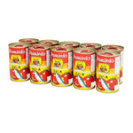 Three Lady Cooks sardines in tomato sauce, 155g cans, stacked in a box for dry grocery shopping.
