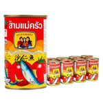Three Lady Cooks sardines in tomato sauce, 155g cans, stacked in a row, showcasing the product packaging and branding.
