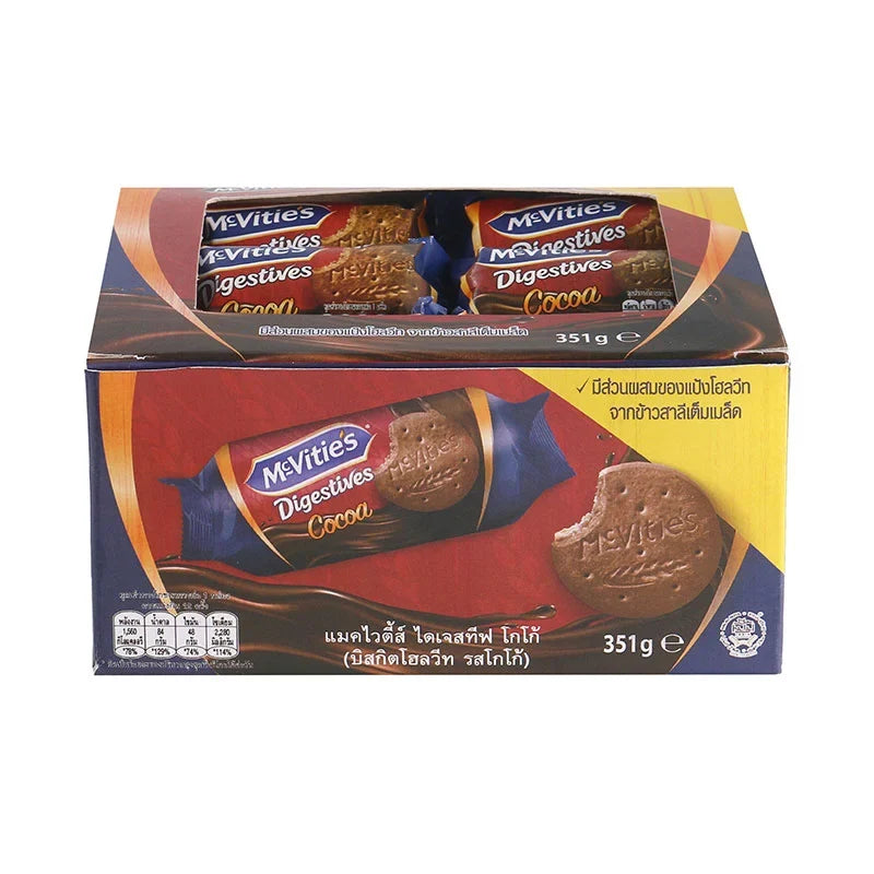 Pack of Mcvities Digestive Cocoa biscuits with 12 individually wrapped 29.25g packs, featuring chocolate-flavored digestive biscuits.