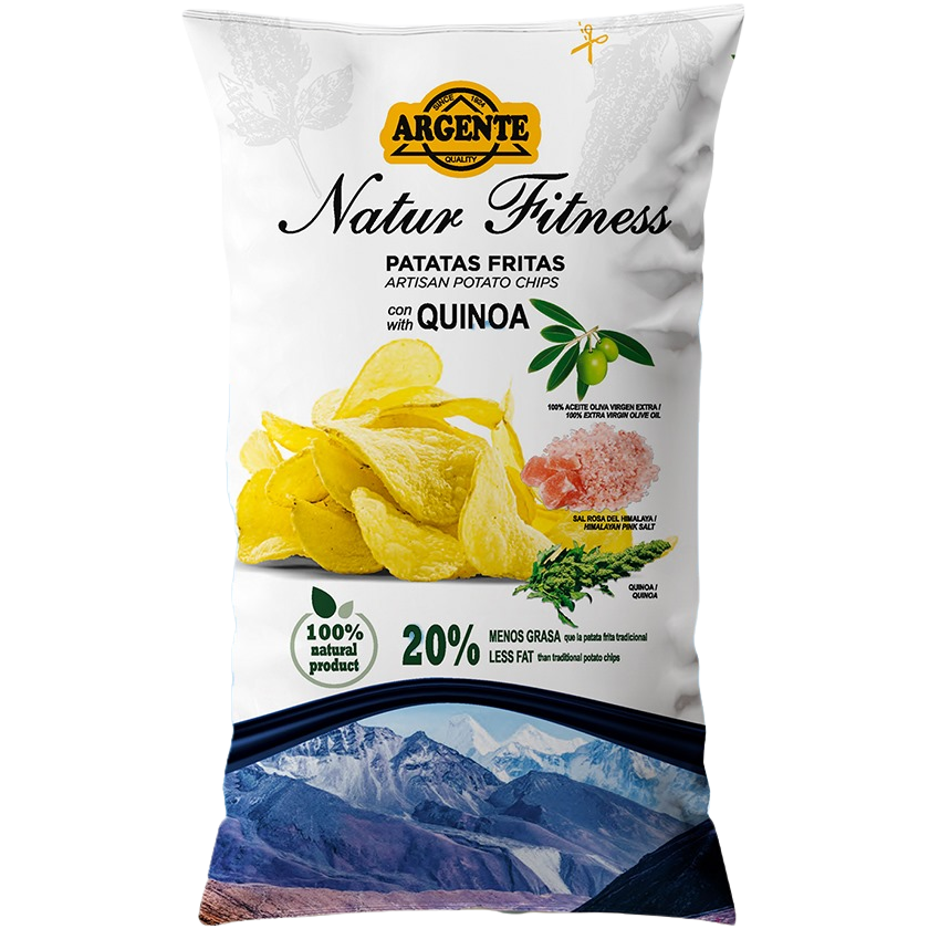 Argente Potato Chip Quinoa snack in a clear bag, showing crispy potato chips mixed with quinoa for a crunchy confectionery treat.