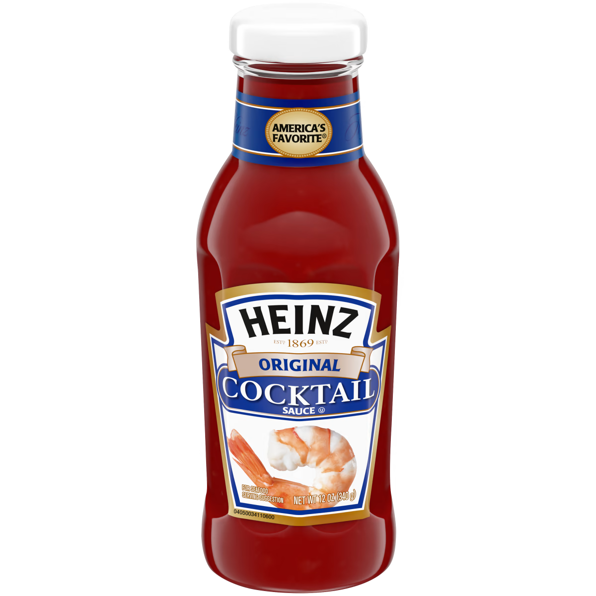Heinz Seafood Cocktail Sauce bottle with label, placed on a grocery store shelf.