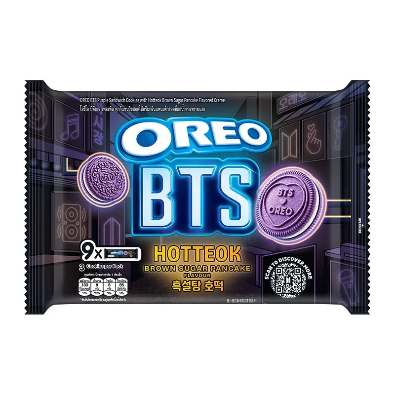 OREO BTS Purple Hotteok Sandwich Cookies 26.25g x9, snack confections with vibrant purple filling in a dry grocery package.