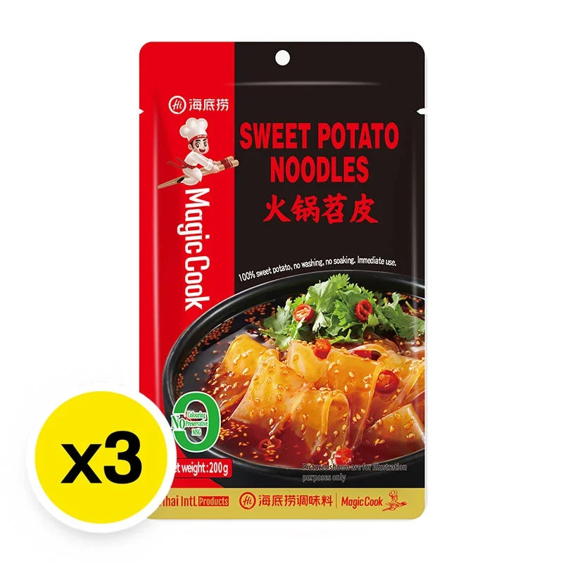 Haidilao Magic Cook Sweet Potato Noodles, wide dry noodles in a 200g package, stacked in a clear plastic bag.