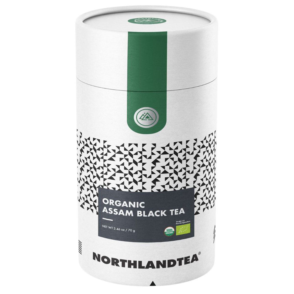 Cup of Northlandtea Organic Assam Black Tea in a glass mug, showcasing rich dark tea with a hint of amber color.