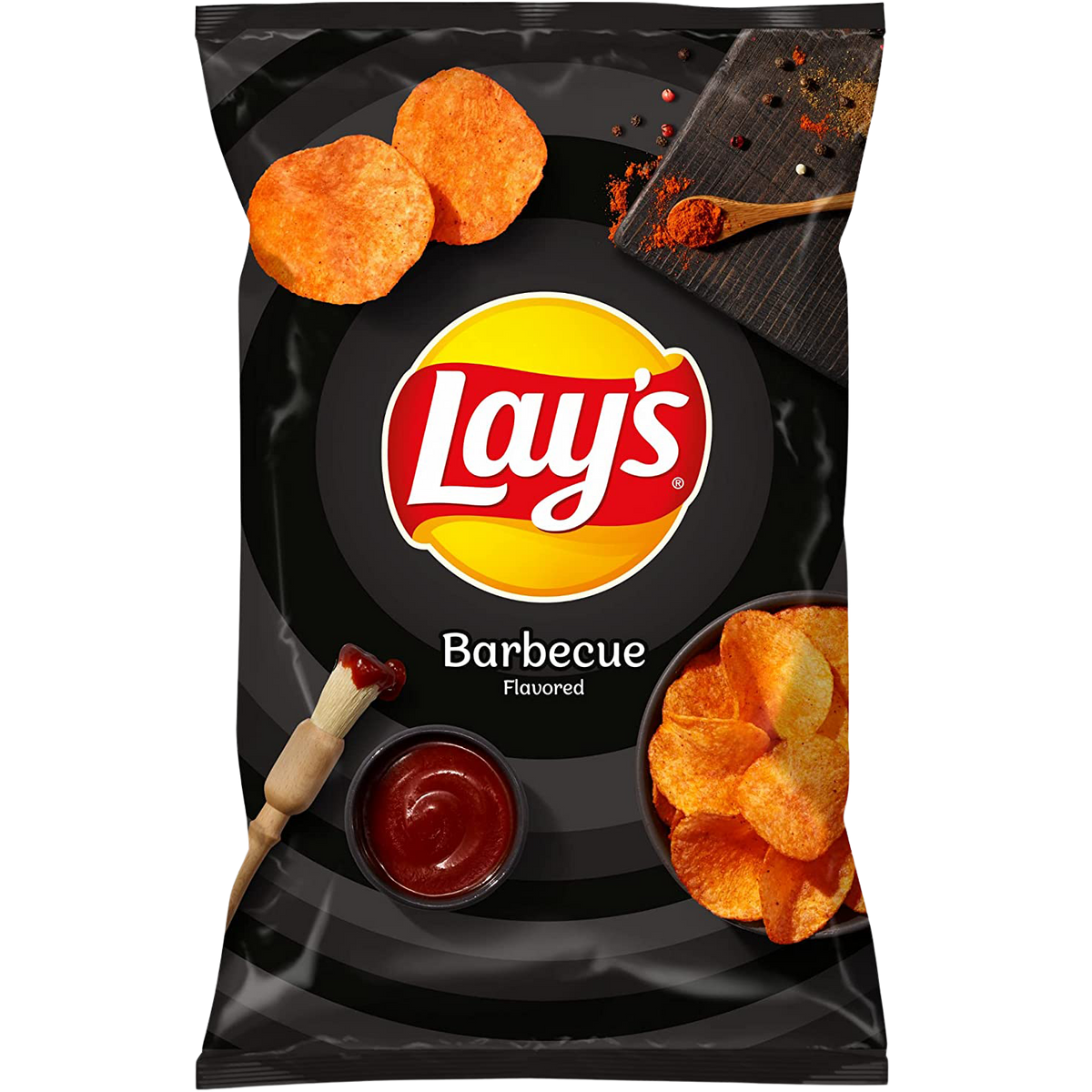 Lay's barbecue potato chips in a bowl, showing crispy, seasoned snack with smoky barbecue flavor and Lay's branding.