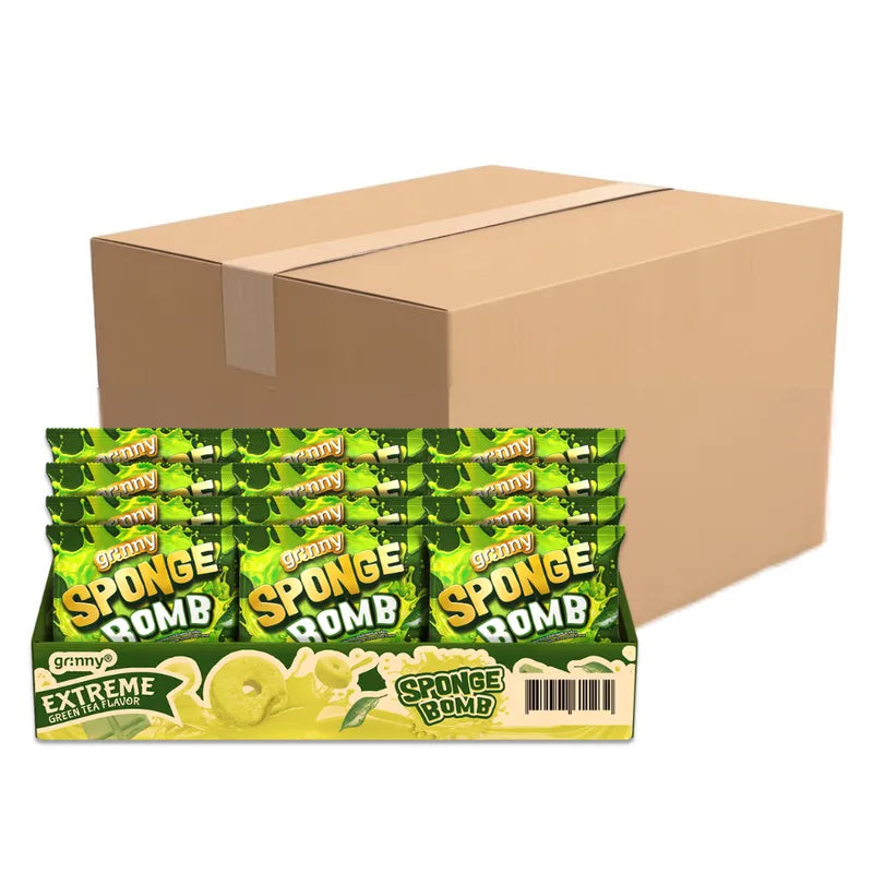 GRINNY Sponge Bomb Snack Extreme Green Tea flavor, 15g x12 pack of dry grocery snack confectionery with green sponge candies