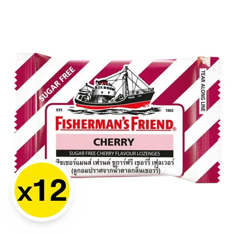 Fisherman's Friend sugar-free cherry lozenges in a pack of 12, dry grocery snack, showing individually wrapped candies.