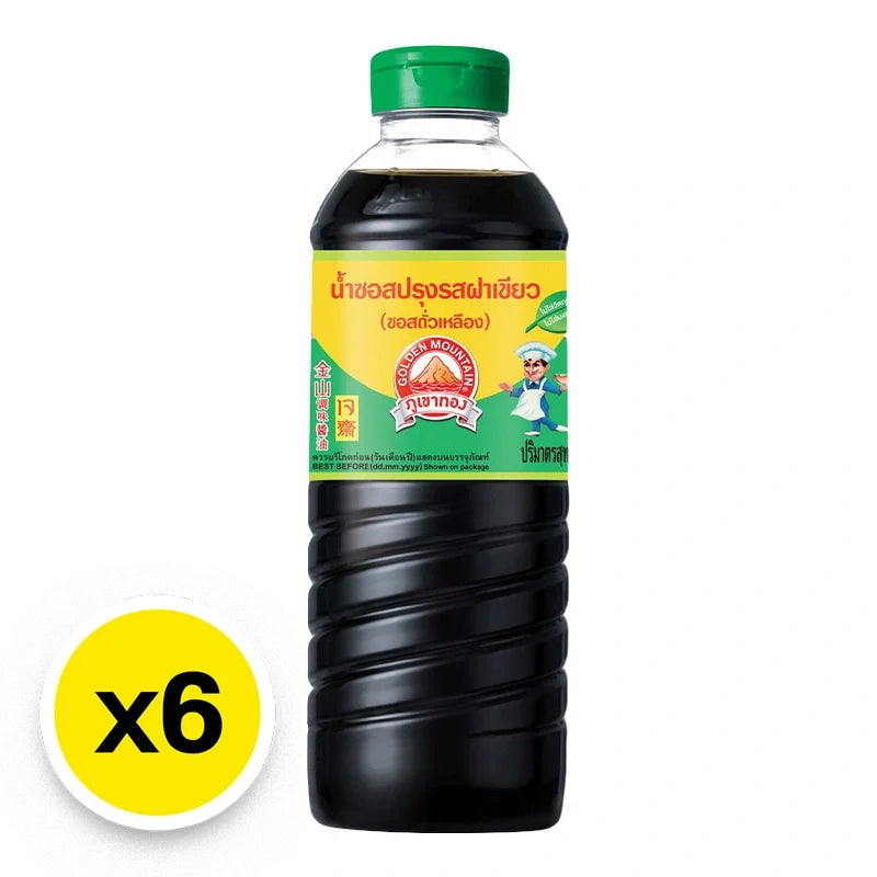 Golden Mountain seasoning sauce with green cap, 500ml bottle, shown in a pack of six, ideal for enhancing Asian dishes.