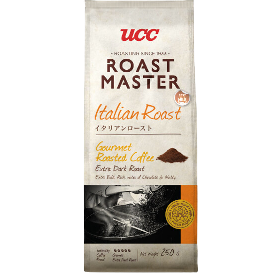 Ucc Italian Roast Ground Coffee in a bag, rich dark roast for brewing a flavorful Italian-style coffee.