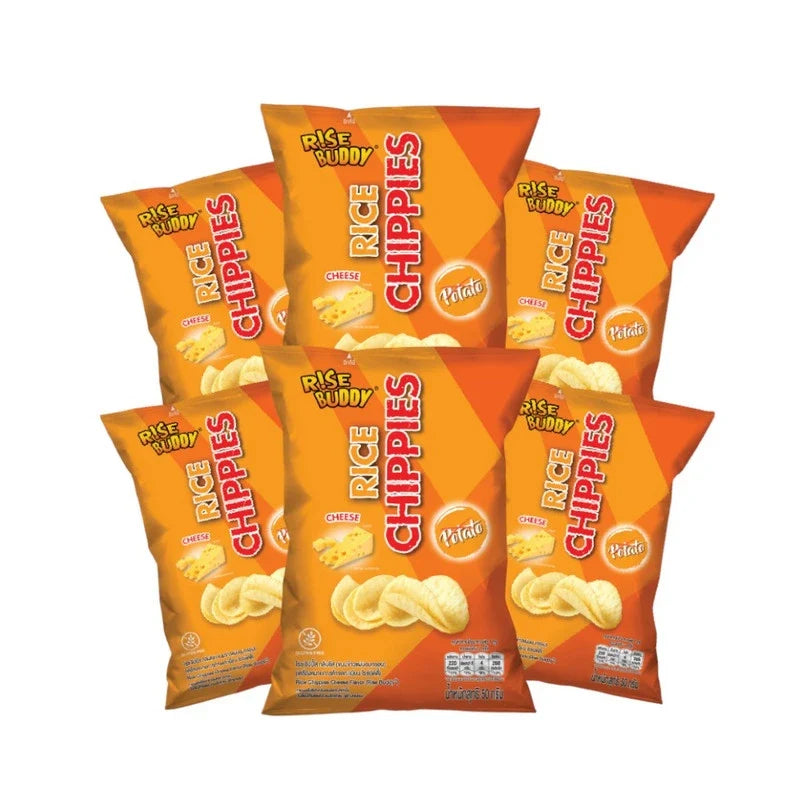 Rise Buddy Rice Chippies snack in a clear bag, crispy dry rice snack perfect for quick, tasty munching.