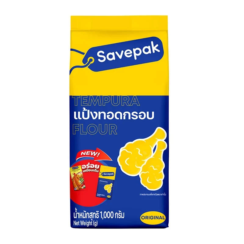 Savepak Tempura Flour 1kg in a bag, ideal for making crispy tempura batter, part of dry grocery ingredients.