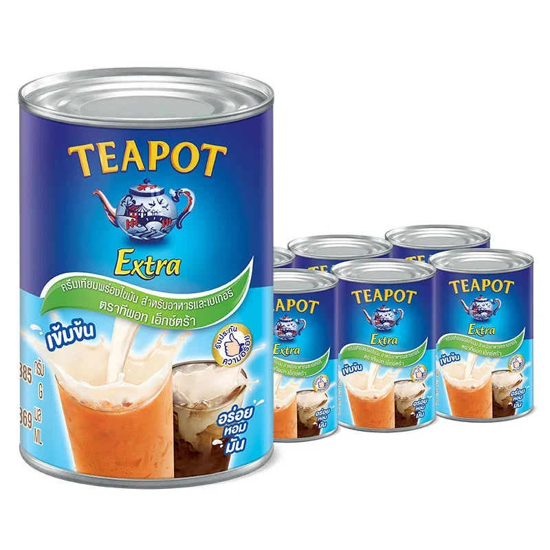 TEAPOT Extra Evaporated Creamer 385g, dry grocery product, showing six cartons of creamer on a white background.