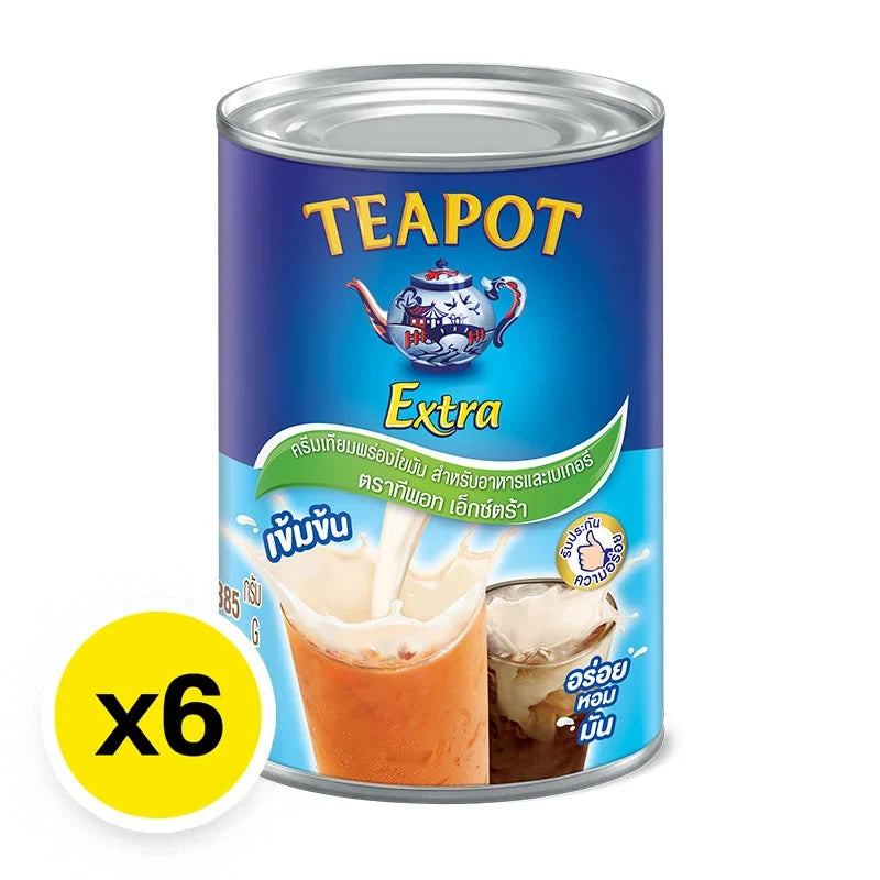 TEAPOT Extra Evaporated Creamer 385g, dry grocery product, shown in six-pack with a white container and label