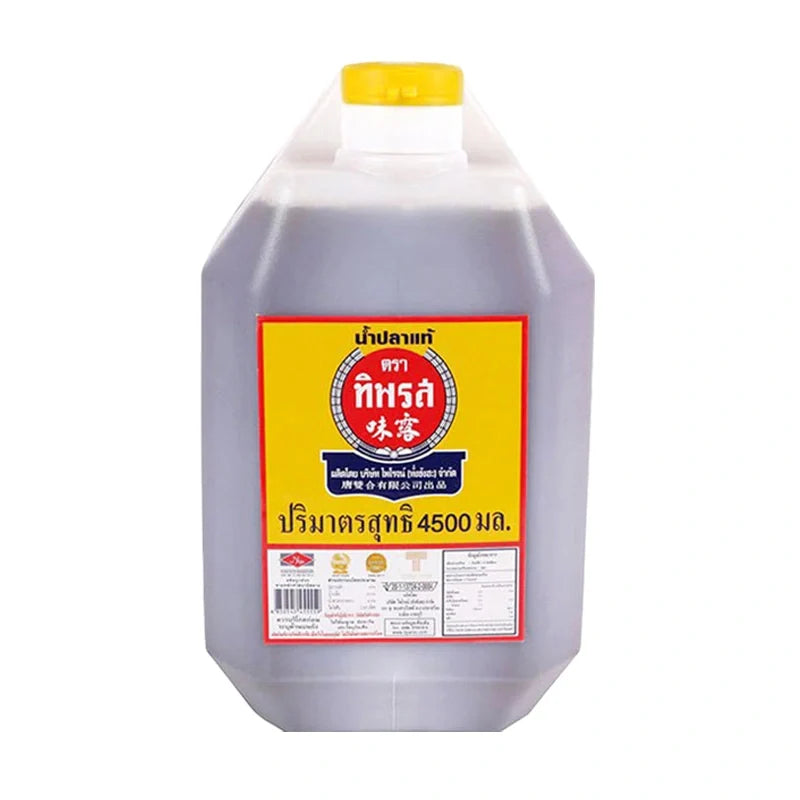 Tiparos Fish Sauce 4.5L bottle, Thai-style dry grocery condiment with dark liquid, used for cooking and flavoring dishes.
