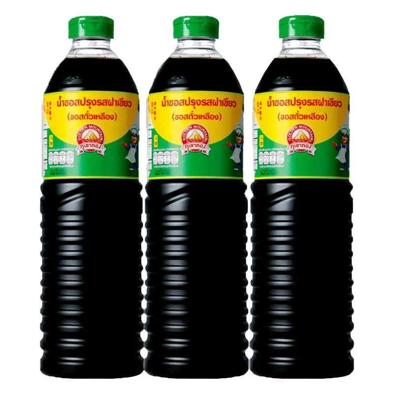 Golden Mountain seasoning sauce with green cap, 1L bottles, three-pack, ideal for enhancing Asian dishes in dry grocery.