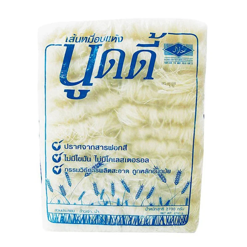 Noodie dried white noodles in 2.7kg package, dry grocery product with uncooked noodles stacked in a clear bag.