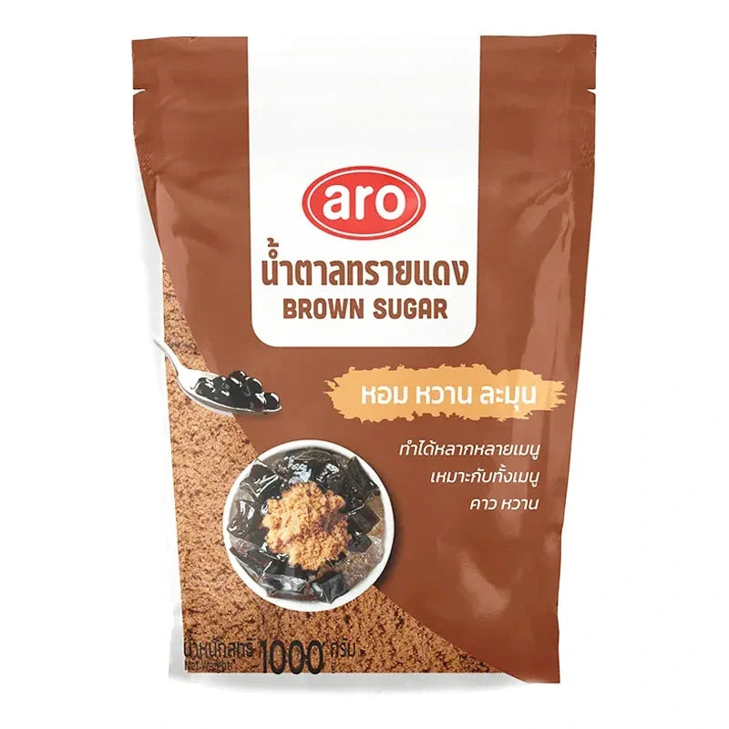 ARO Brown Sugar 1kg package in a clear plastic bag, showcasing the light brown, granulated dry grocery product.