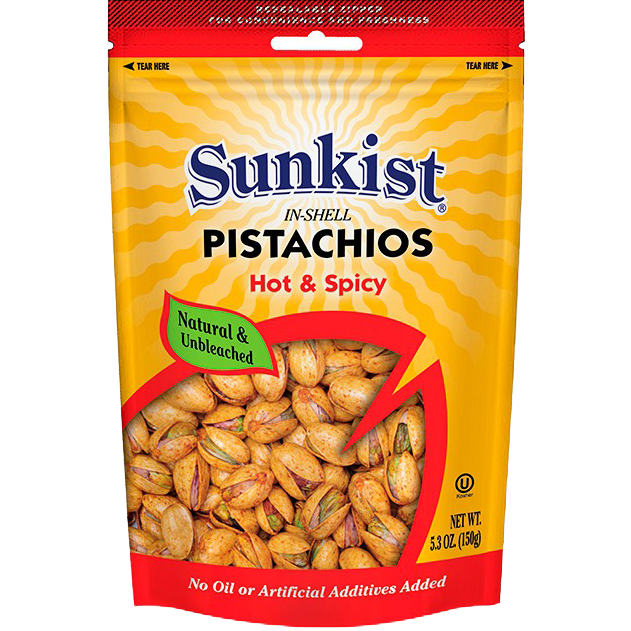 Sunkist Hot & Spicy Pistachios in a bowl, showing roasted pistachios coated with spicy seasoning, part of confectionery snacks.