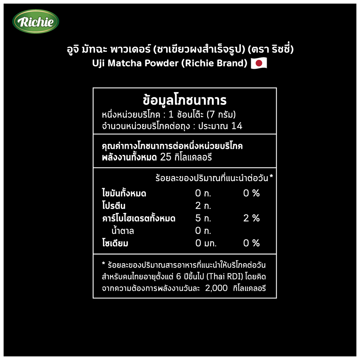 Richie Uji Matcha Powder for drink preparation, vibrant green finely ground powder shown in a clear container.