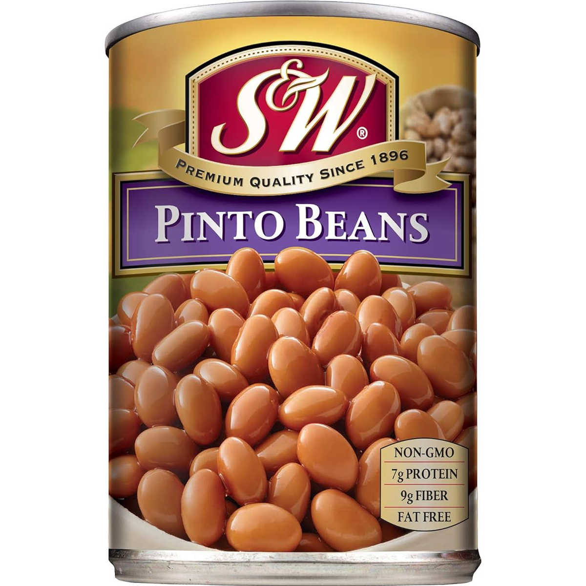 Canned S&W Pinto Beans in a label with red and white design, showing the beans inside the transparent can.