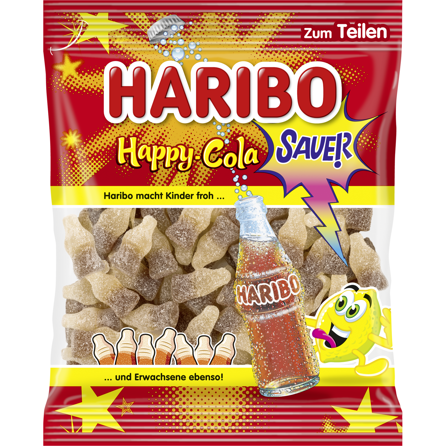 Haribo Happy Cola Gummies in colorful candy form, chewy confectionery snacks with cola flavor on a white background.