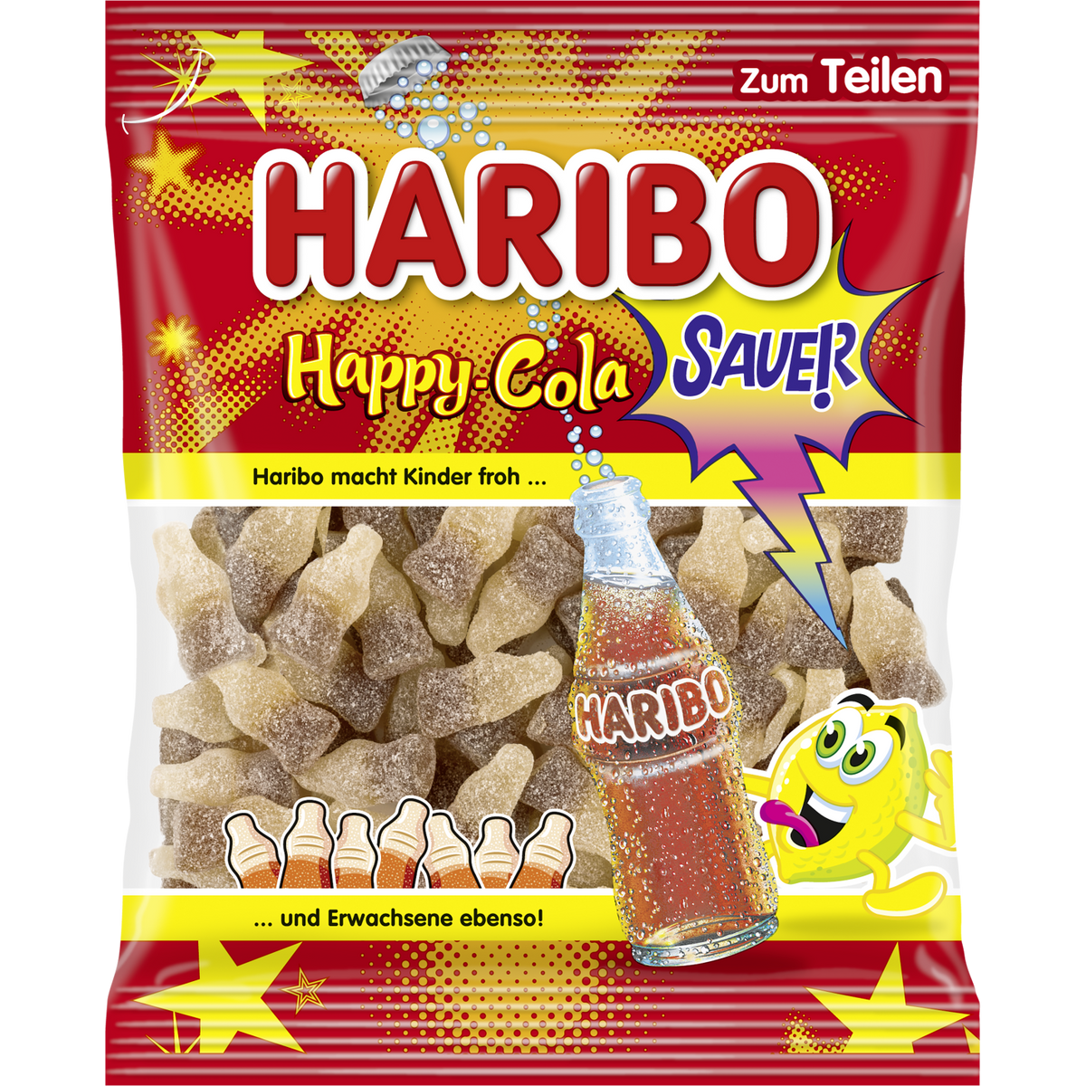 Haribo Happy Cola Gummies in colorful candy form, chewy confectionery snacks with cola flavor on a white background.