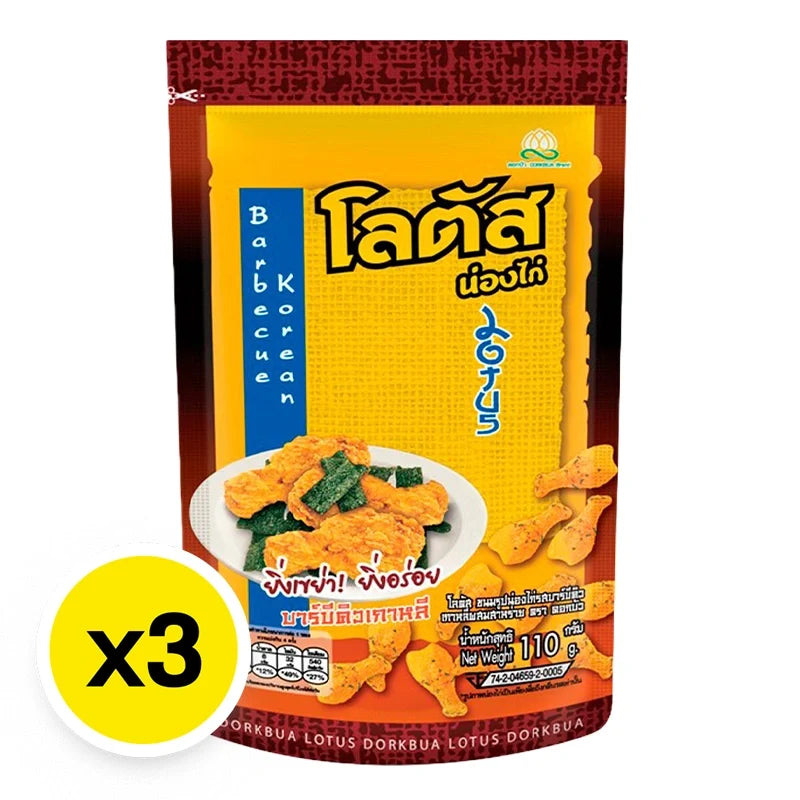 Lotus Biscuit Stick BBQ Korean snack pack, 110g x 3, dry grocery snack with crispy biscuit sticks in a colorful package.
