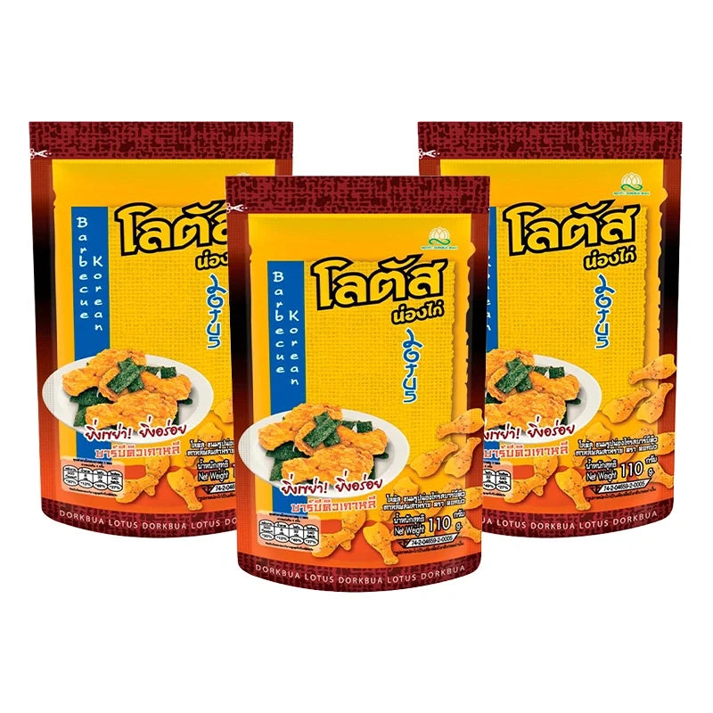 Lotus Biscuit Stick BBQ Korean snack in 110g x3 pack, showing crispy biscuit sticks in bright packaging, perfect for dry grocery snack.