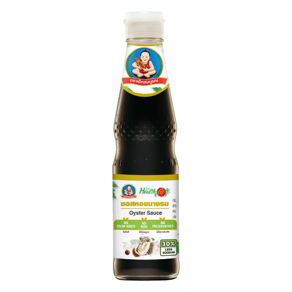 Deksomboon Oyster Sauce Healthy Fit bottle, glossy label, and cap, used for cooking Asian dishes in a grocery setting.