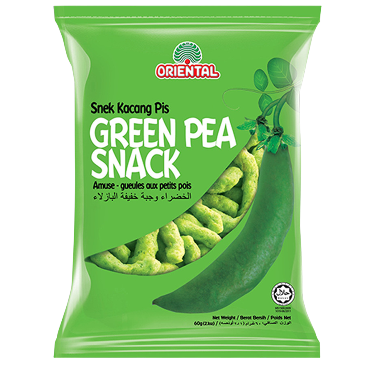 Oriental Greenpea snack, a colorful package of confectionery snacks featuring green peas, displayed on a clean background.