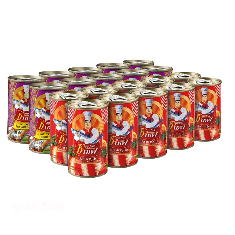 Super C Chef sardines in tomato sauce with fermented fish, spicy flavor, packed in a dry grocery package.