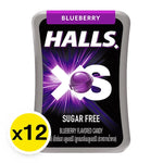 Halls XS Blueberry lozenges in a clear plastic package, showing 12 individually wrapped blueberry-flavored candies.