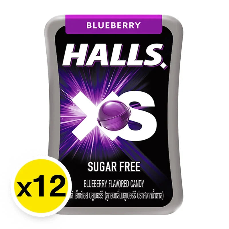 Halls XS Blueberry lozenges in a clear plastic package, showing 12 individually wrapped blueberry-flavored candies.