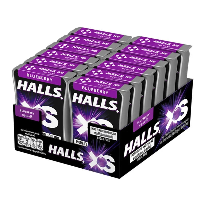Halls XS Blueberry lozenges in a 12-pack, small blueberry-flavored cough drops from Halls, shown in a clear wrapper.