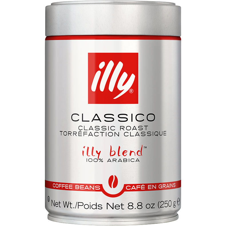 Illy medium roast coffee beans in a glass jar, showcasing their rich brown color and fresh, whole bean appearance.