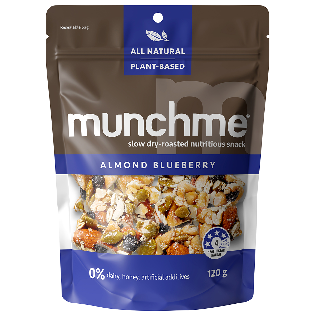 Munchme Almond Blueberry confectionery snack featuring almonds and blueberries in colorful packaging.