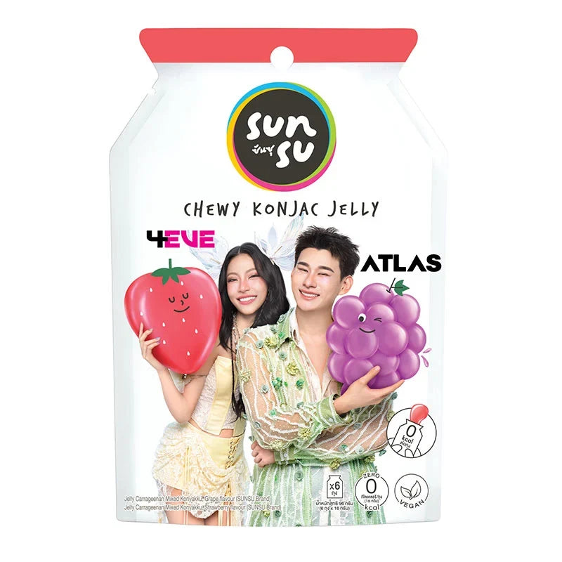 Sunsu Jelly Peach & Lychee snacks in 96g packs, colorful fruit-flavored candies from Sunsu for dry grocery and confectionery.