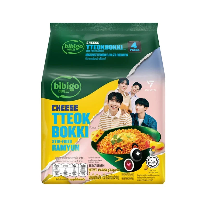 Bibigo instant noodles stir-fried ramyun with cheese and tteokbokki, dry grocery product with cooked noodles and cheese sauce