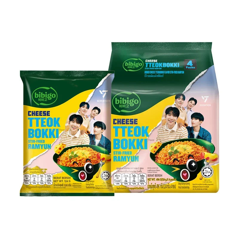 BIBIGO Bibigo Instant Noodles Stir Fried Ramyun Cheese Tteokbokki dry grocery with noodles, cheese, and Tteokbokki in packaging