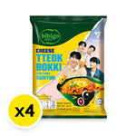 BIBIGO Bibigo Instant Noodles Stir Fried Ramyun Cheese Tteokbokki dry grocery product with noodles, cheese, and Tteokbokki rice cakes on packaging