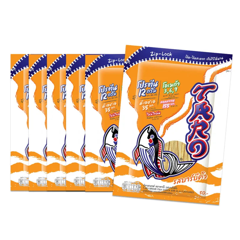 TARO Taro Fish Snack Barbecue flavored 50g pack, dry grocery snack with dried fish and smoky barbecue flavor, six-pack bundle.