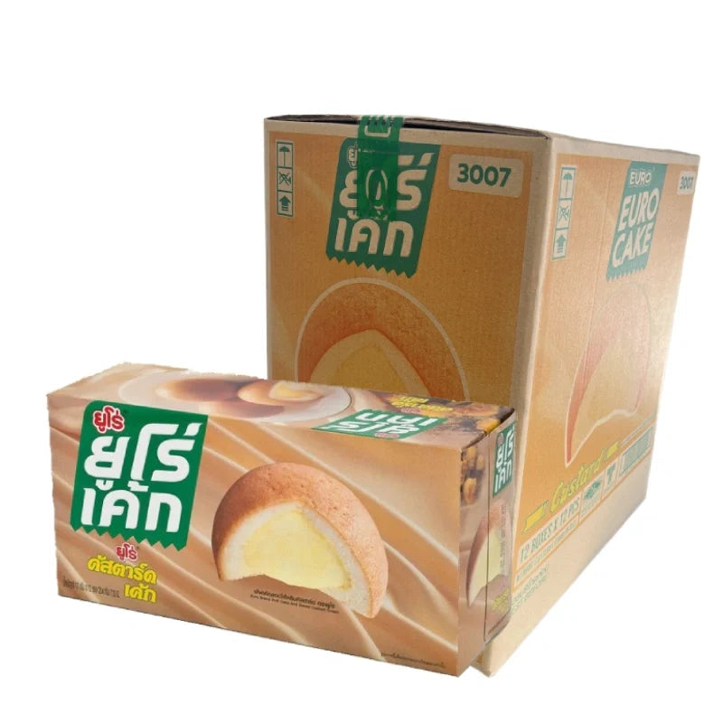 Euro Custard Cake 17g snack packs, dry grocery confectionery with creamy custard flavor, displayed in a snack box.