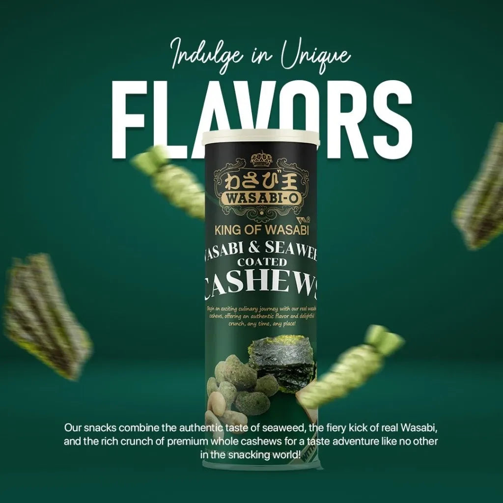 Wasabi-o coated cashews with seaweed, dry grocery snack, showing wasabi and seaweed seasoning on crunchy nuts