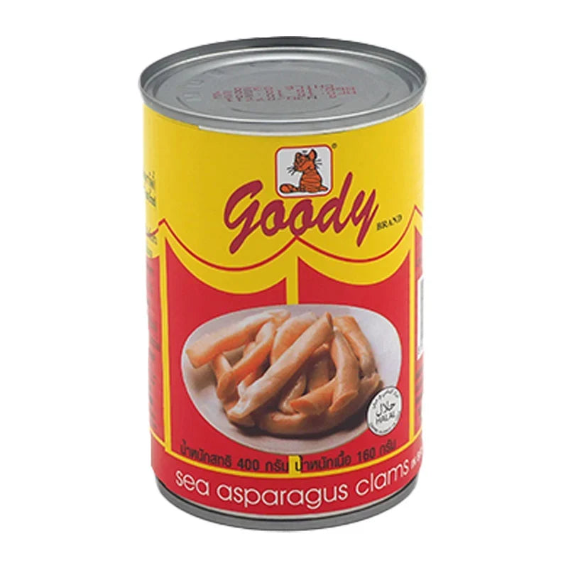 Canned Goody Asparagus Clams in brine, 400g, dry grocery product with opened can showing asparagus and clams inside.