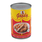 Canned Goody Asparagus Clams in brine, 400g, dry grocery product with opened can showing asparagus and clams inside.