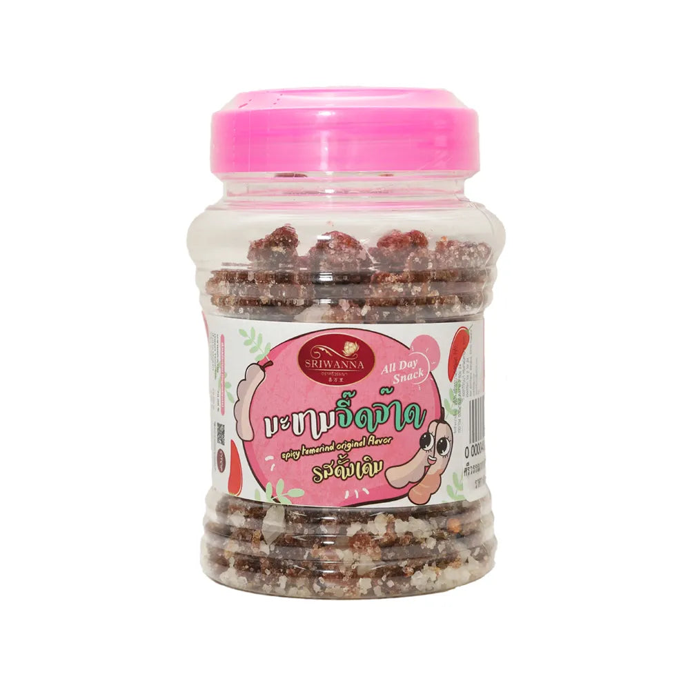 SRIWANNA Sriwanna Spicy Tamarind Sour Flavor dry grocery product in a clear package with tamarind and chili visuals