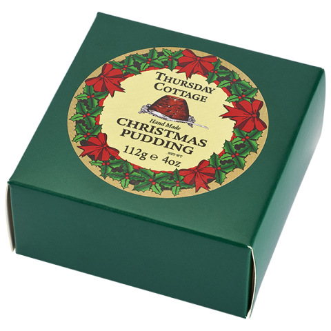 Thursday Cottage Christmas Pudding boxed confectionery snack, rich and traditional Christmas dessert with festive packaging.